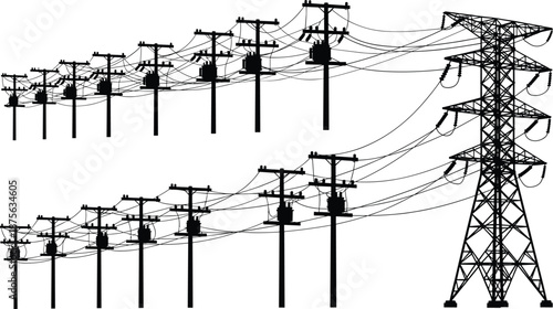 Electric power line silhouettes with utility poles and high voltage transmission tower, energy infrastructure network, black vector illustration