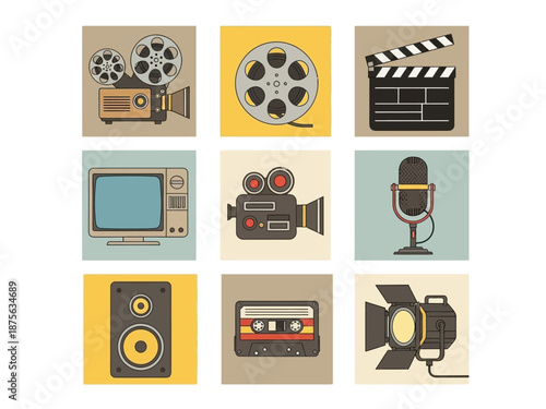 Vintage Media Technology Icons Collection: Film Audio and Broadcast Equipment.