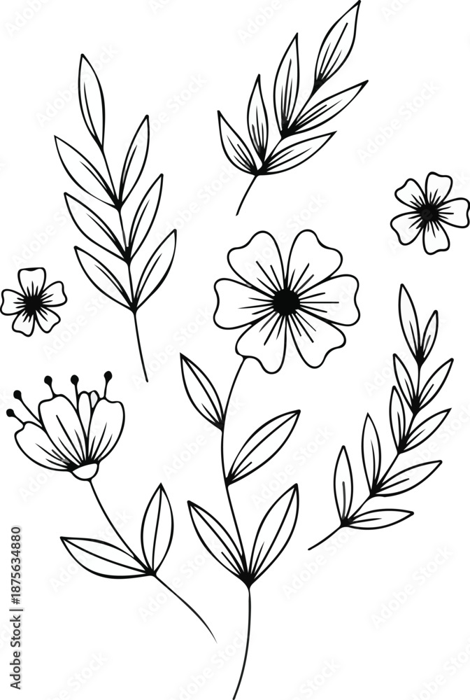 Obraz premium Delicate hand drawn black and white floral bouquet illustration