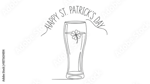 Hand drawn illustration of a beer glass with shamrock and ribbon for st patrick's day celebration