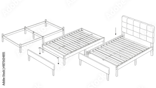 High-Quality Black Continuous Line Art of Bed Frame Assembly from Base to Headboard