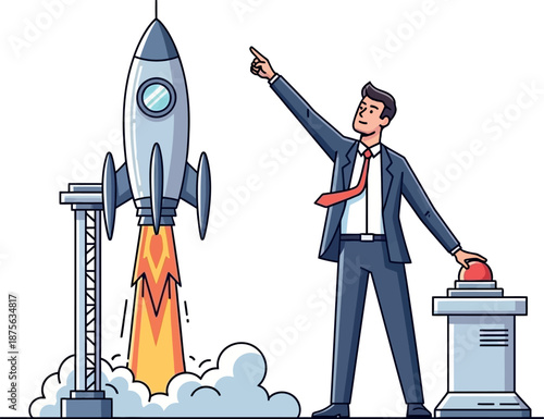 Illustration of a businessman sending a rocket into space by pressing a red button, entrepreneurship concept, on a white background