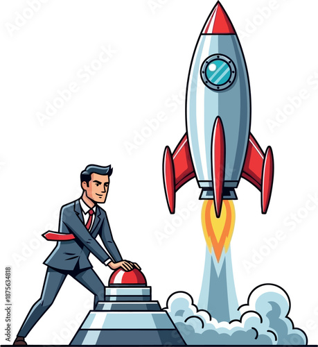 Illustration of a businessman sending a rocket into space by pressing a red button, entrepreneurship concept, on a white background