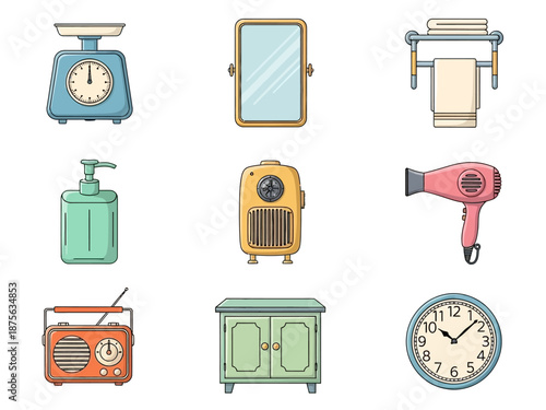 Vintage-style cartoon household items and bathroom essentials.