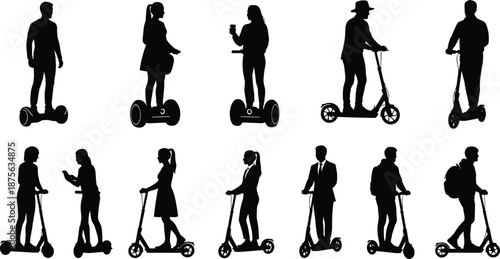 Electric scooter silhouettes collection, people riding hoverboard and e scooter, modern urban transport lifestyle, eco mobility concept, black figures isolated