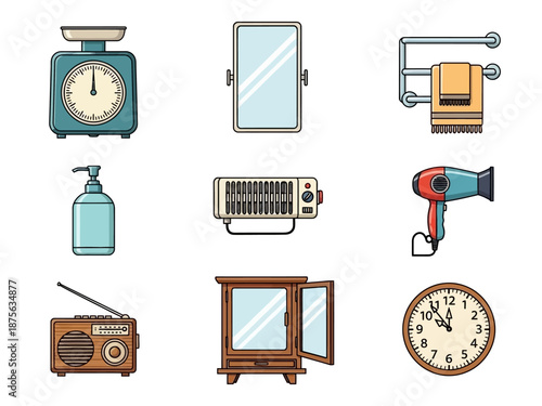 Colorful cartoon household items and home appliances set.