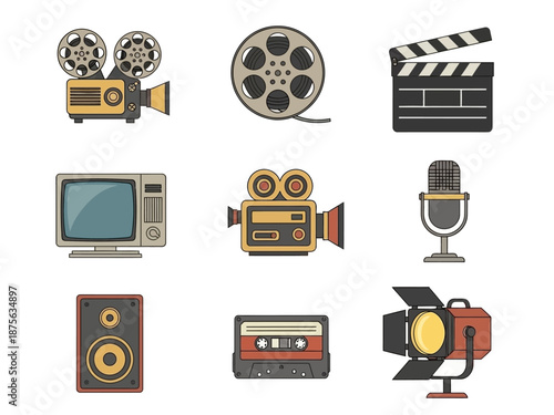 Set of classic film television and music production icons in flat design style.
