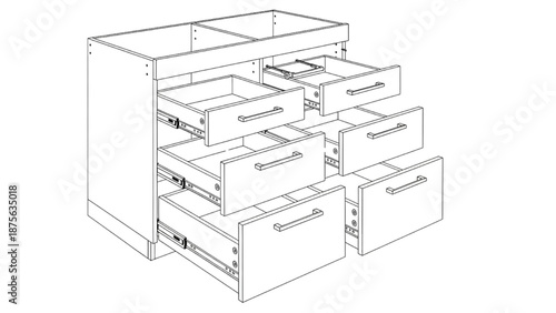 High-Quality Black Line Art of Cabinet Assembly Showing Drawers and Handles