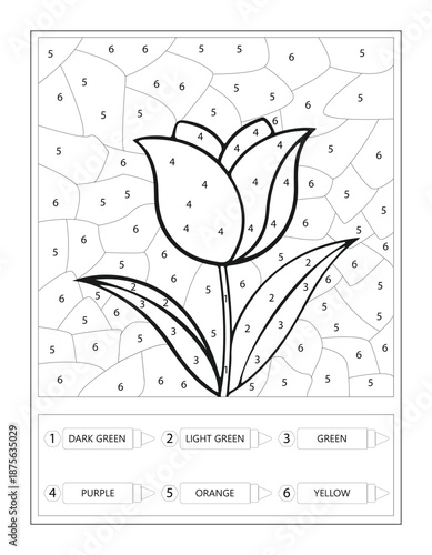 Tulip Flower Color by Number Educational Worksheet for Kids