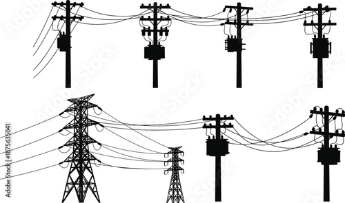 Electric power line silhouettes collection, utility poles transmission towers set, electricity infrastructure icons, black energy silhouettes isolated on white