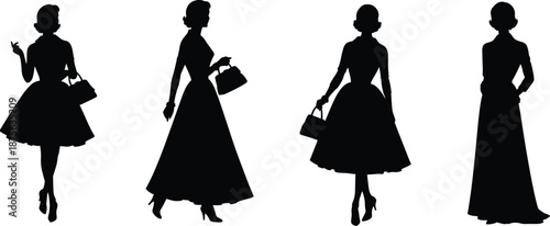 Elegant vintage women silhouettes wearing classic dresses with handbags, retro fashion female figures vector isolated set