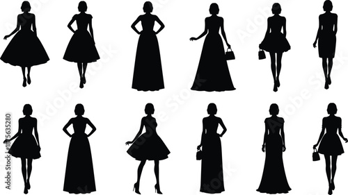Elegant women silhouettes set, female figures in dresses and gowns poses, fashion style vector illustration isolated on white background