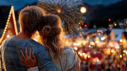 Couple embracing warmly while watching vibrant fireworks display