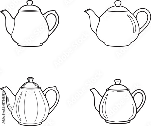 Four different teapot designs in line art