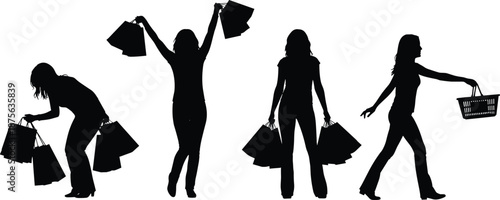 Women shopping silhouettes holding bags and baskets celebrating retail purchases isolated black vector illustration set for fashion sale concept design