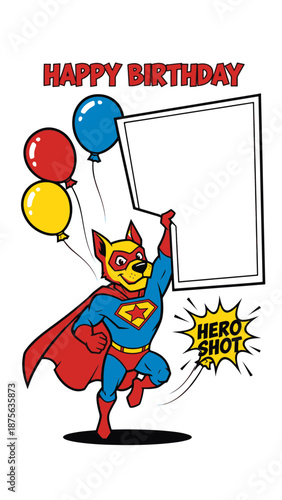 Festive dog superhero holding a customizable Birthday Frame, perfect for personalizable party invitations
