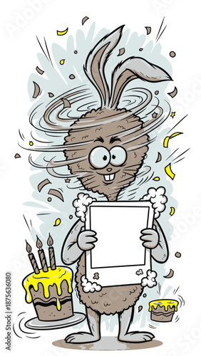 Jubilant cartoon bunny with disheveled fur holds a festive birthday frame surrounded by cake and confetti