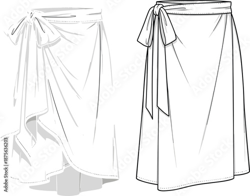 Women Fashion Technical Flat Sketch of Long Wrap Skirt with Tie Waist Detail Template for Tech Pack and Apparel Design