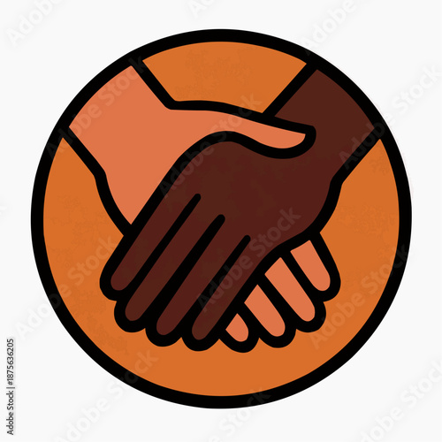 Minimalist vector icon of a multiracial handshake. This flat illustration symbolizes unity, partnership, racial equality. Features warm orange brown tones with bold black outlines in a circle
