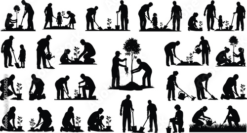 Family gardening silhouettes set, parents children planting trees together, community outdoor activity illustration, eco friendly lifestyle concept isolated