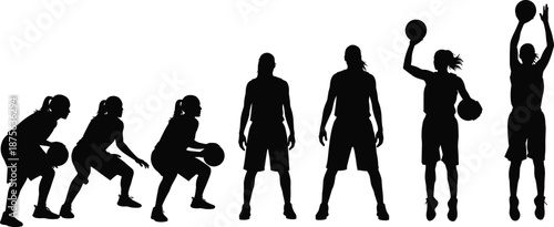 Female basketball player silhouettes showing dribbling passing shooting and jumping poses isolated on white background sports action vector illustration