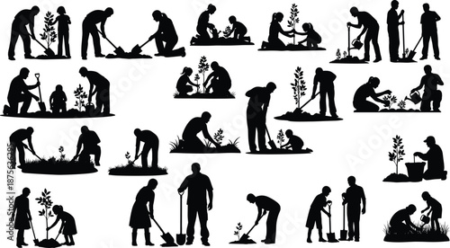 Family gardening silhouettes showing adults and children planting trees together, environmental care, teamwork, eco activity, black vector illustration set