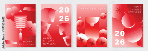 Happy Chinese New Year 2026 Year of the Horse greeting card vector set with gradient red lanterns and zodiac horse illustration. Modern festive design for posters and invitations.