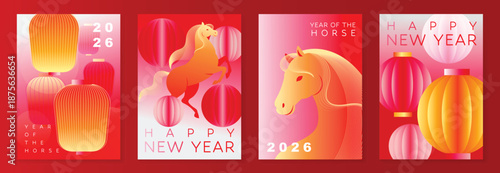 Happy Chinese New Year 2026 Year of the Horse greeting card vector set with gradient red lanterns and zodiac horse illustration. Modern festive design for posters and invitations.
