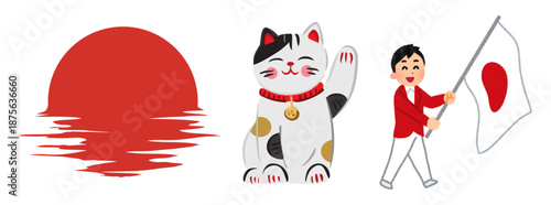 Japanese culture with maneki neko and japanese flag