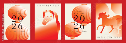 Happy Chinese New Year 2026 Year of the Horse greeting card vector set with gradient red lanterns and zodiac horse illustration. Modern festive design for posters and invitations.