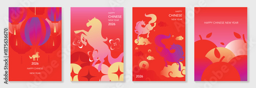 Happy Chinese New Year 2026 Year of the Horse greeting card vector set with gradient red lanterns and zodiac horse illustration. Modern festive design for posters and invitations.