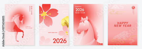 Happy Chinese New Year 2026 Year of the Horse greeting card vector set with gradient red lanterns and zodiac horse illustration. Modern festive design for posters and invitations.