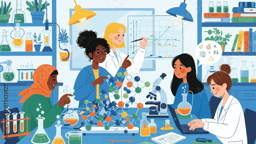 Diverse group of female scientists collaborating actively within a brightly lit laboratory setting focusing on complex molecular structures and data analysis
