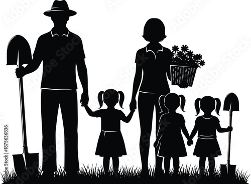Family gardening silhouettes, parents and children planting together, farming lifestyle scene, shovel tools, nature activity, black vector illustration