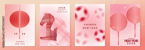 Happy Chinese New Year 2026 Year of the Horse greeting card vector set with gradient red lanterns and zodiac horse illustration. Modern festive design for posters and invitations.