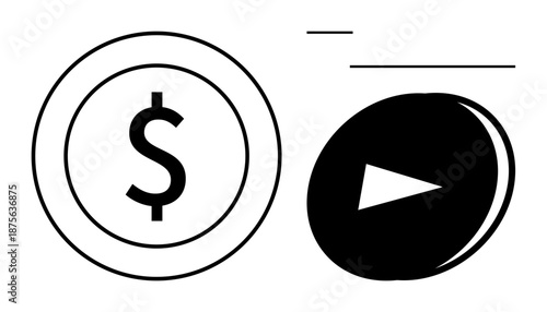 Media monetization, financial technology, e-commerce, digital marketing, online payments, content creation. Dollar symbol and play button icon next to one another. Media monetization and financial