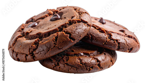 A close-up stack of three rich, dark chocolate chip cookies isolated on black.