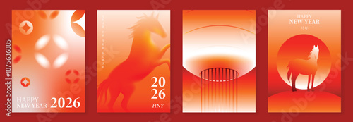 Happy Chinese New Year 2026 Year of the Horse greeting card vector set with gradient red lanterns and zodiac horse illustration. Modern festive design for posters and invitations.