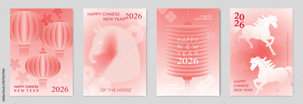 Naklejka premium Happy Chinese New Year 2026 Year of the Horse greeting card vector set with gradient red lanterns and zodiac horse illustration. Modern festive design for posters and invitations.