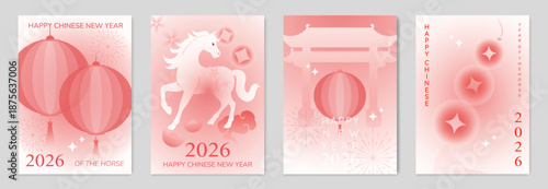 Happy Chinese New Year 2026 Year of the Horse greeting card vector set with gradient red lanterns and zodiac horse illustration. Modern festive design for posters and invitations.