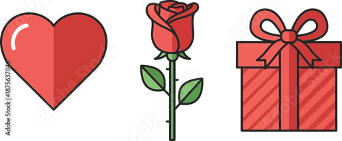 Simple red heart icon alongside a beautiful blooming rose illustration and a wrapped gift box icon perfect for romance themes