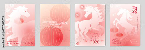 Happy Chinese New Year 2026 Year of the Horse greeting card vector set with gradient red lanterns and zodiac horse illustration. Modern festive design for posters and invitations.
