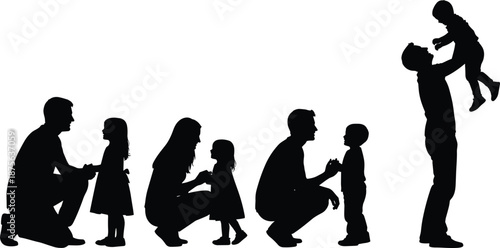 Family silhouette concept, parents with children, father mother bonding moments, love care growth, happy family vector illustration