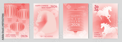 Happy Chinese New Year 2026 Year of the Horse greeting card vector set with gradient red lanterns and zodiac horse illustration. Modern festive design for posters and invitations.