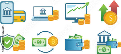 Set of banking and finance icons mobile banking, online trading, cryptocurrency exchange, security, wallet, and growth
