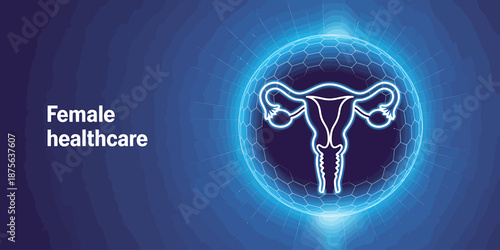 Female healthcare symbol with uterus outline on blue background