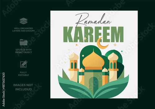 Elegant ramadan kareem greeting design with mosque illustration and spiritual elements