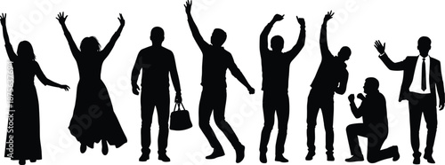 Business people silhouettes celebrating success jumping cheering and posing isolated black vector illustration set for teamwork motivation and victory concept