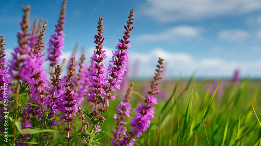 Naklejka premium Bright pink flowers grow in a field under a blue sky with some clouds