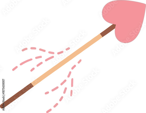 Minimalist illustration depicts a Cupid's arrow with a pink heart tip flying across a soft pale blue background representing love and romance.